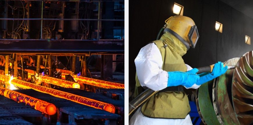 rozehřátá ocel ve slévárně a technik tryská rezavou turbínu